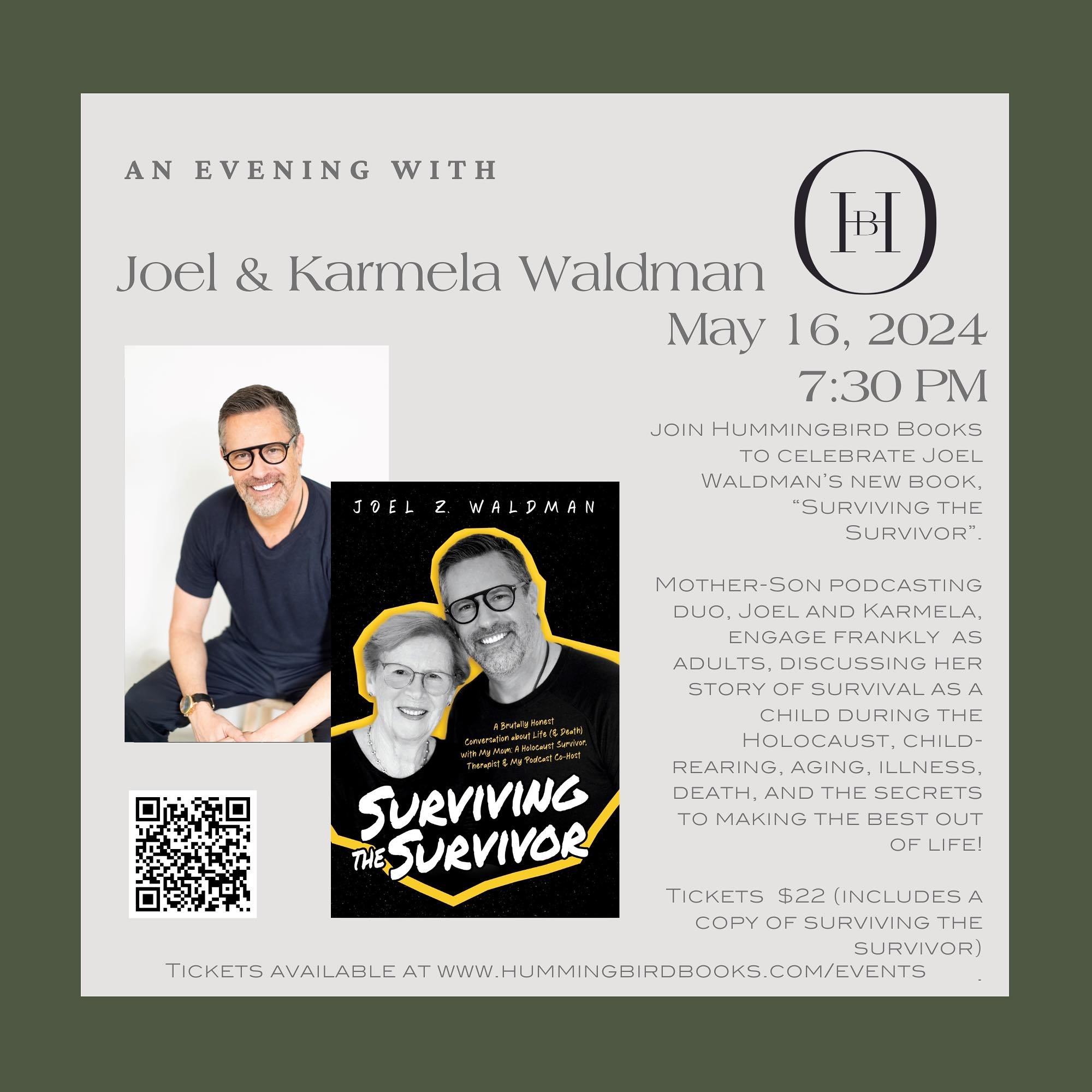 REPOSTED to correct an error!

Join us to welcome @survivingthesurvivor mother-son podcasting duo Joel and Karmela Waldman to celebrate Joel&rsquo;s new book, &ldquo;Surviving the Survivor.&rdquo; Tickets are available on the events page of our websi