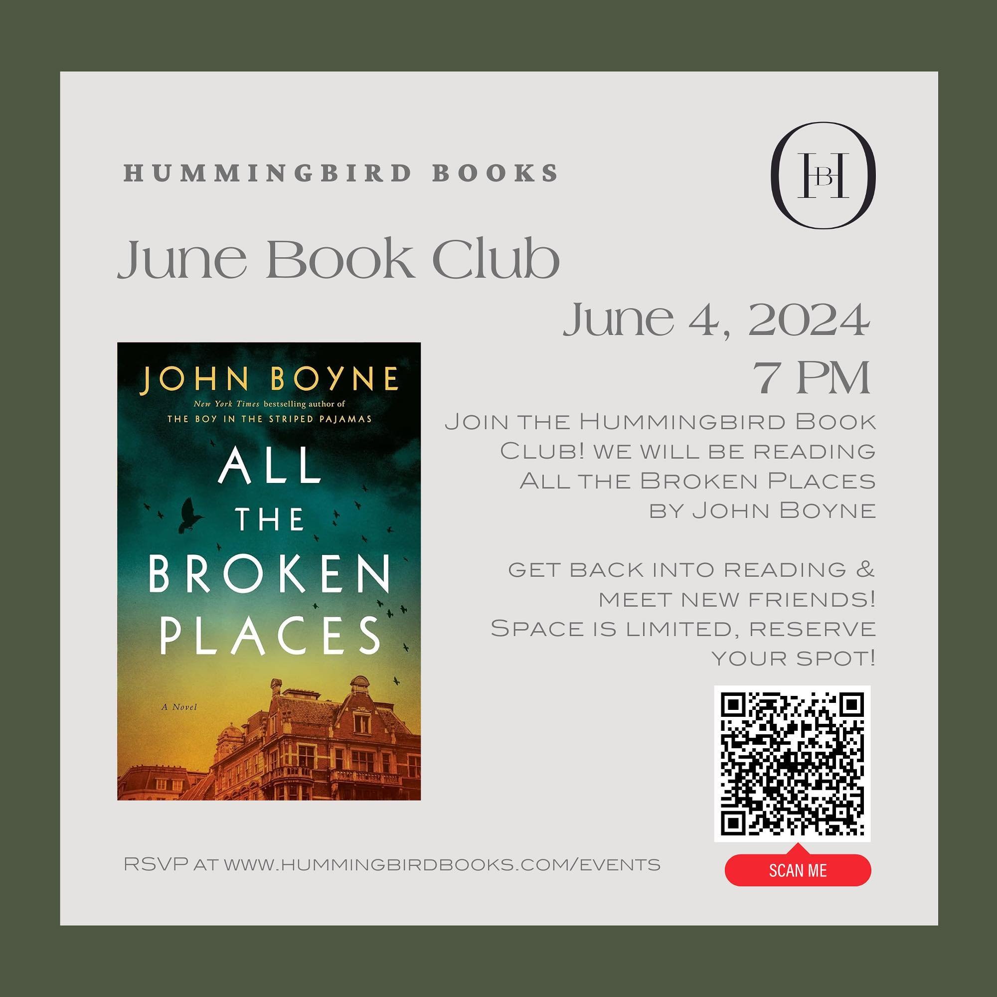 June book club! Whether you&rsquo;re a book club regular or this will be your first time, join us to read &ldquo;All The Broken Places,&rdquo; by John Boyne. 

Please RSVP by scanning the QR code in this post or by visiting the events page on our web
