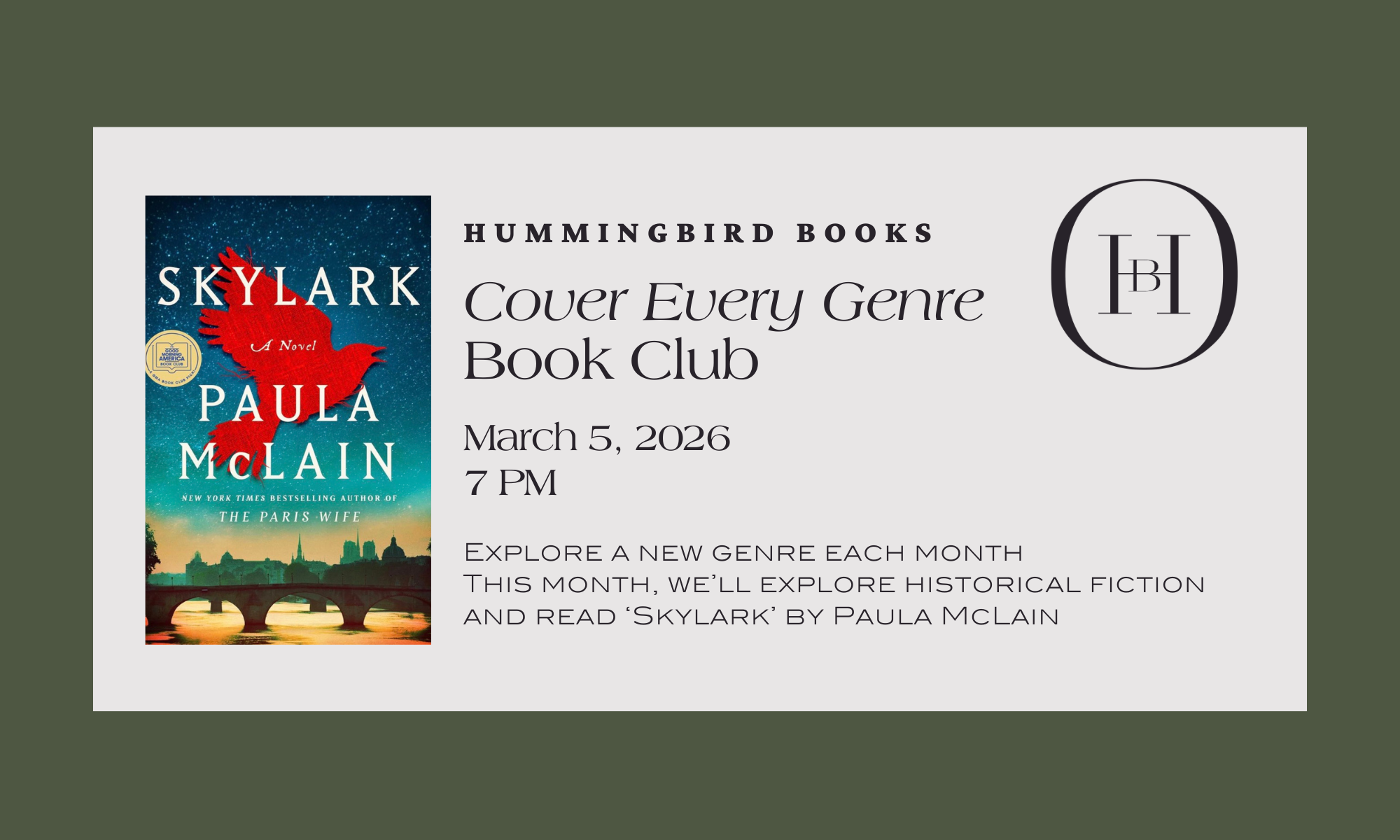 Hummingbird March Cover Every Genre Book Club: 'Skylark' by Paula McLain