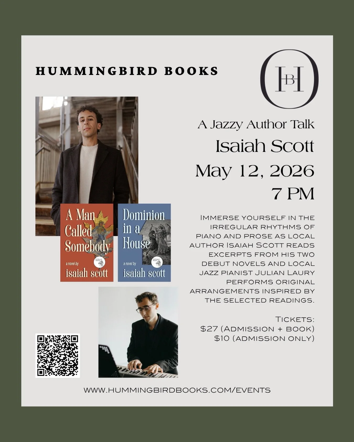 Join us for a jazz-filled evening with @merelyisaiahscott as he reads excerpts from his debut novels, &lsquo;A Man Called Somebody&rsquo; and &lsquo;Dominion in a House,&rsquo; accompanied by @julianlaurymusic on the piano!

Tickets: $27 (includes a 