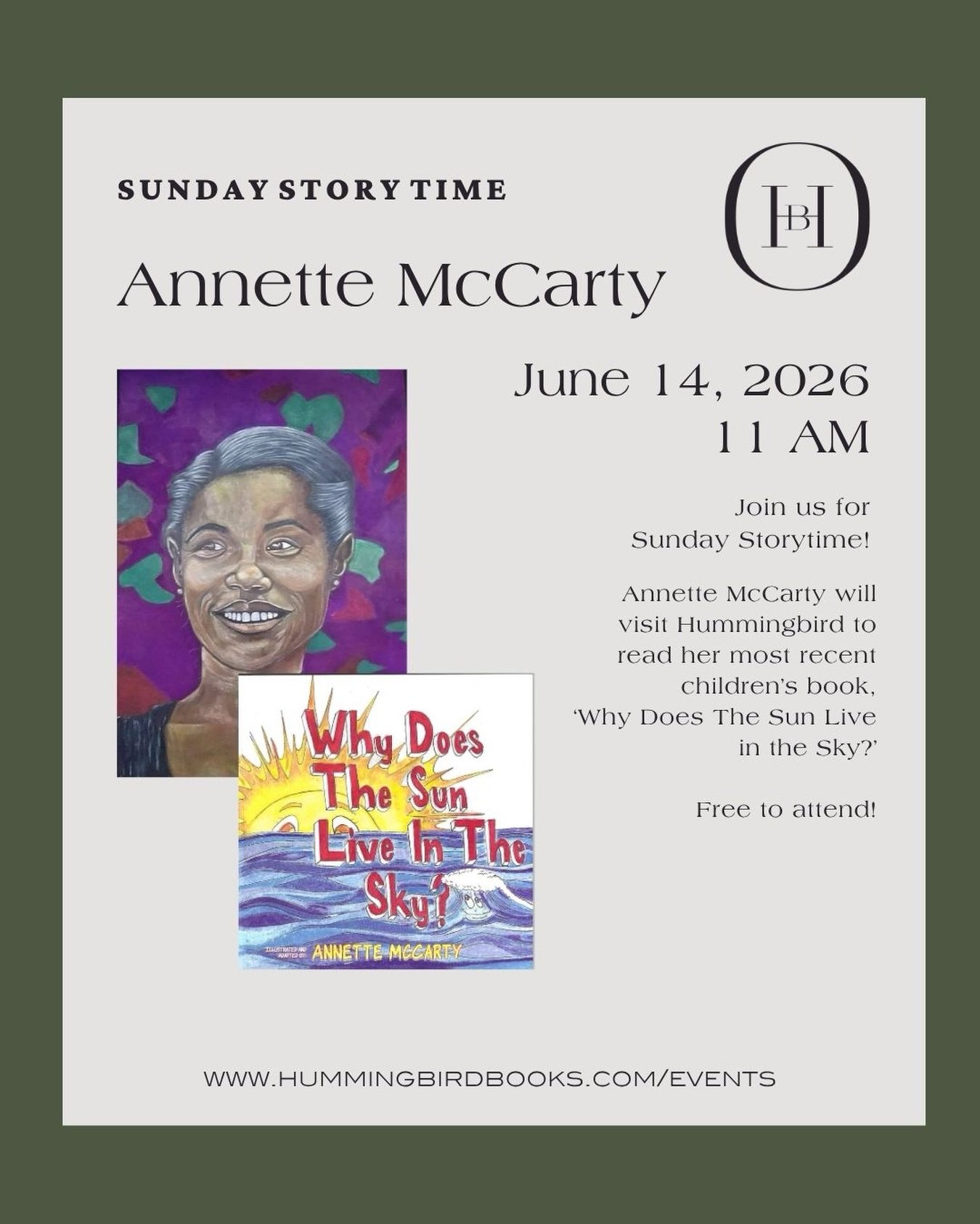 Join Author Annette McCarty for Sunday Storytime in June! She will be reading her book &lsquo;Why Does The Sun Live In The Sky?,&rsquo; a story that invites readers into a magical world where the Sun and the Sea are the best of friends. Their special