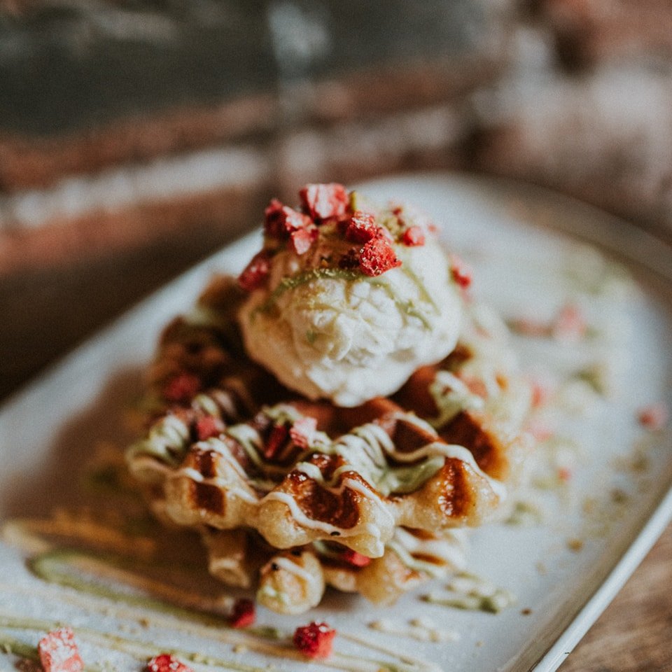 Treat yourself to a FRESHLY BAKED WAFFLE this bank holiday weekend 🧇

This pistachio &amp; white chocolate waffle topped with strawberries &amp; local vanilla ice cream is both naughty &amp; nutty. Perfect for the spring 🤌🏼

Join us for TWO FOR &p