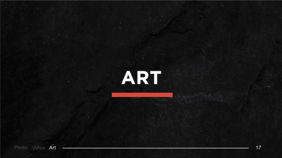 Slide titled 'ART' with a black textured background and a red underline beneath the word. Small text at the bottom left reads 'Photo Video Art' and the number 17 at the bottom right.