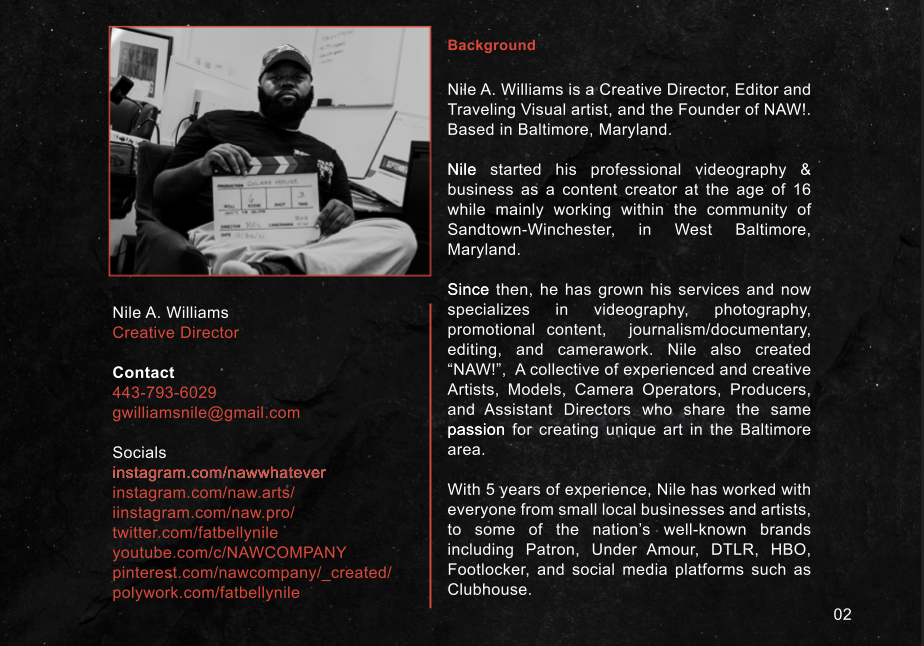 Black and white photo of Nile A. Williams holding a film slate in an office setting. To the right, there is a red and black design with a background description and contact information for Nile A. Williams, a creative director, editor, and visual art