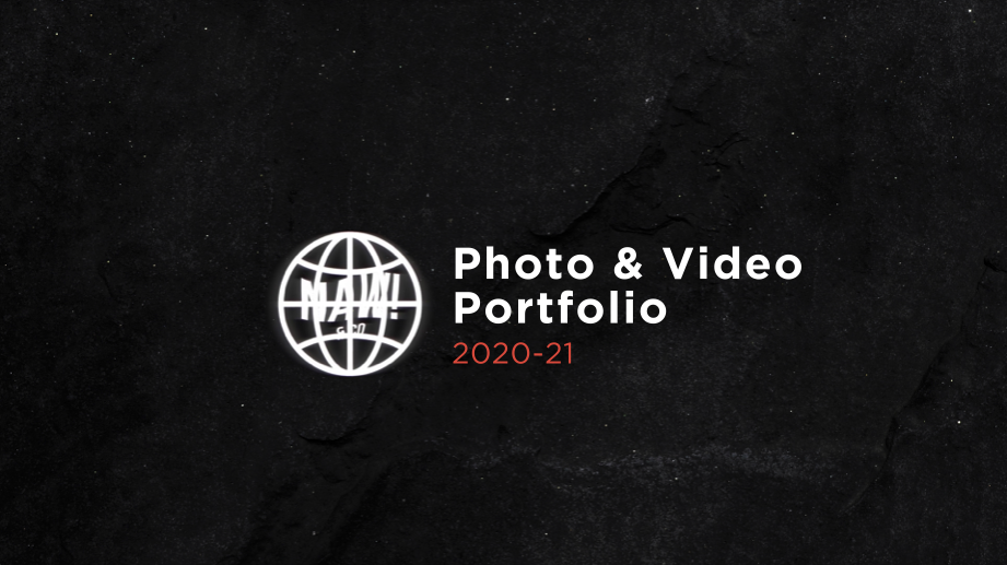 Cover page of a photo and video portfolio for 2020-21, featuring a globe icon and black textured background.