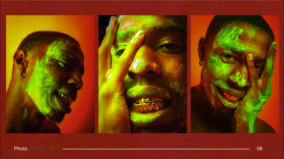 Three close-up portraits of a person with green paint on their face, set against a red background. The person has short hair, earrings, and gold teeth, with different facial expressions in each photo.