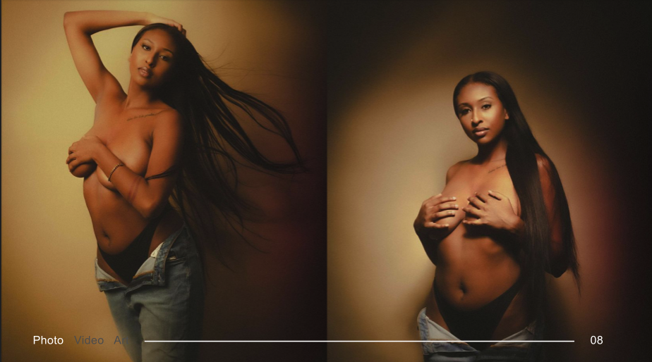 Two women posing topless with only underwear, one with her hand on her head and the other covering her chest, against neutral-colored backdrops.