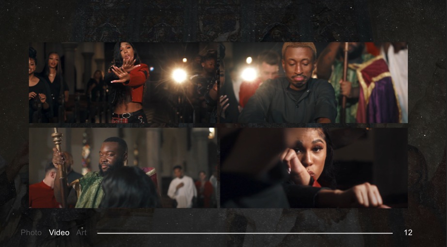 Screenshots from a music video featuring diverse performers, including a woman singing passionately, a man with a beard and a scepter, and a woman resting her head on her arm, with a dark background and bright lighting effects.