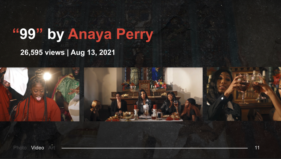 Screenshot of a YouTube video page for '99' by Anaya Perry, showing a thumbnail collage with three images: a joyful woman dancing, a group of women sitting at a table in a church setting, and women clinking glasses. The video has over 26,500 views an