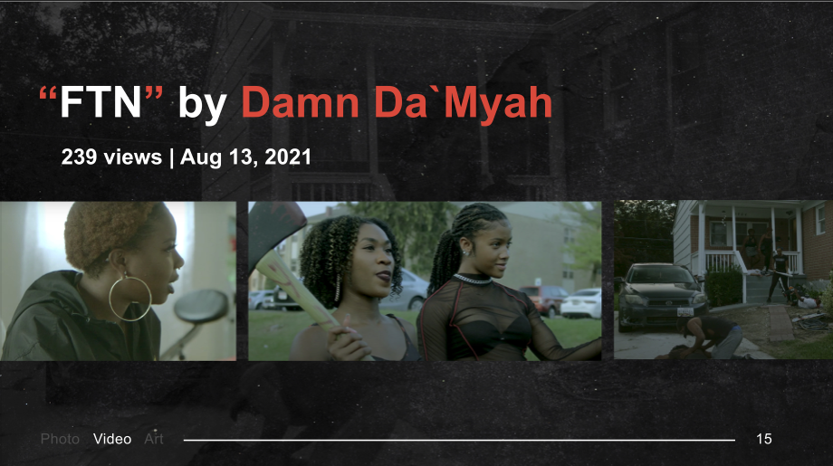 A screenshot of a video titled 'FTN' by Damn Da` Myah, uploaded on August 13, 2021, with 239 views. The screenshot shows three scenes featuring women, one with a woman with short curly hair, large hoop earrings, and a hoodie, looking to the side; ano