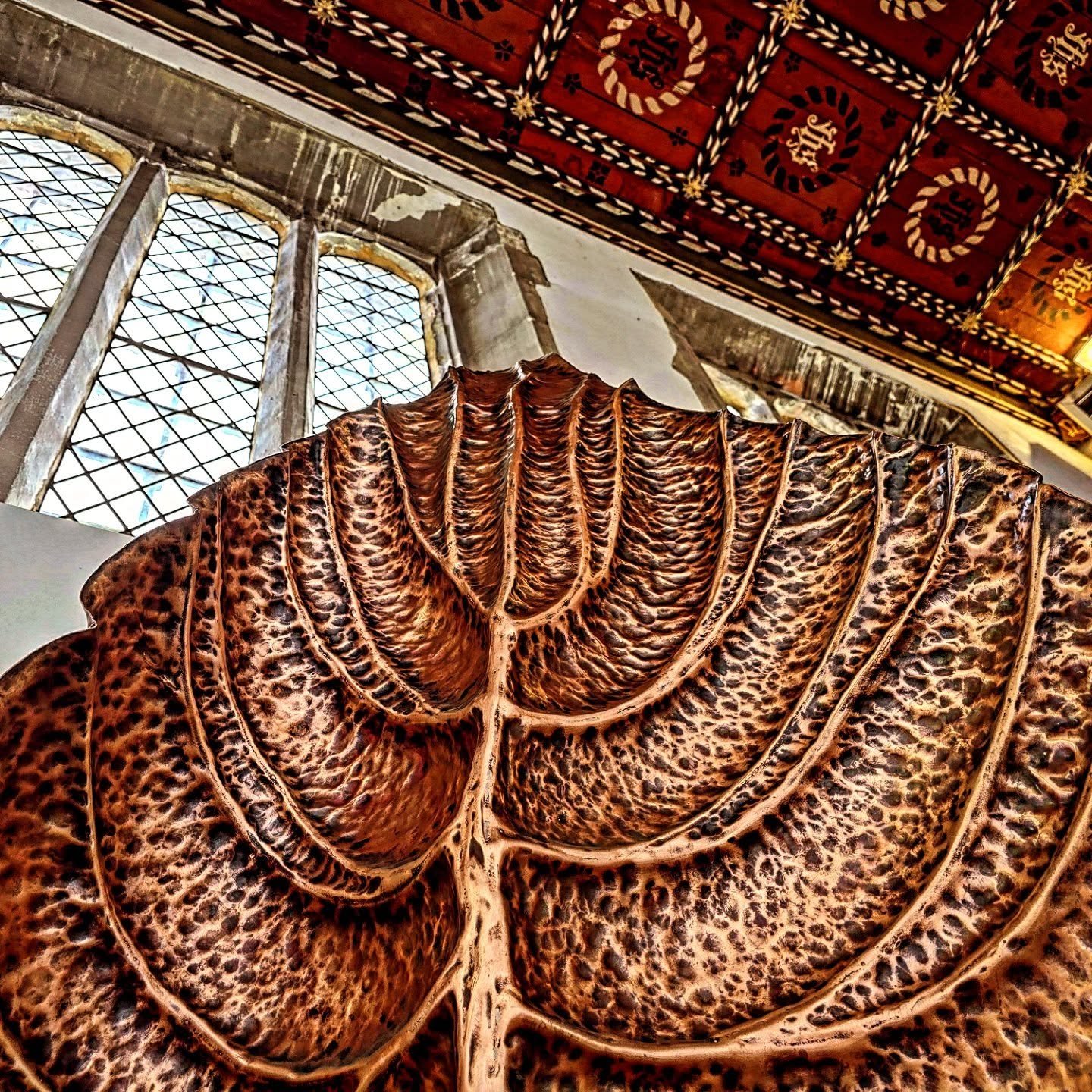 Hand beaten copper leaf currently being displayed  as part of a local art exhibition running throughout the bank holiday weekend at St Pauls Walden Church near Whitwell. 12-5 Sunday 10-4 on Monday free entry tea and cakes on sale. #art #church #tea #
