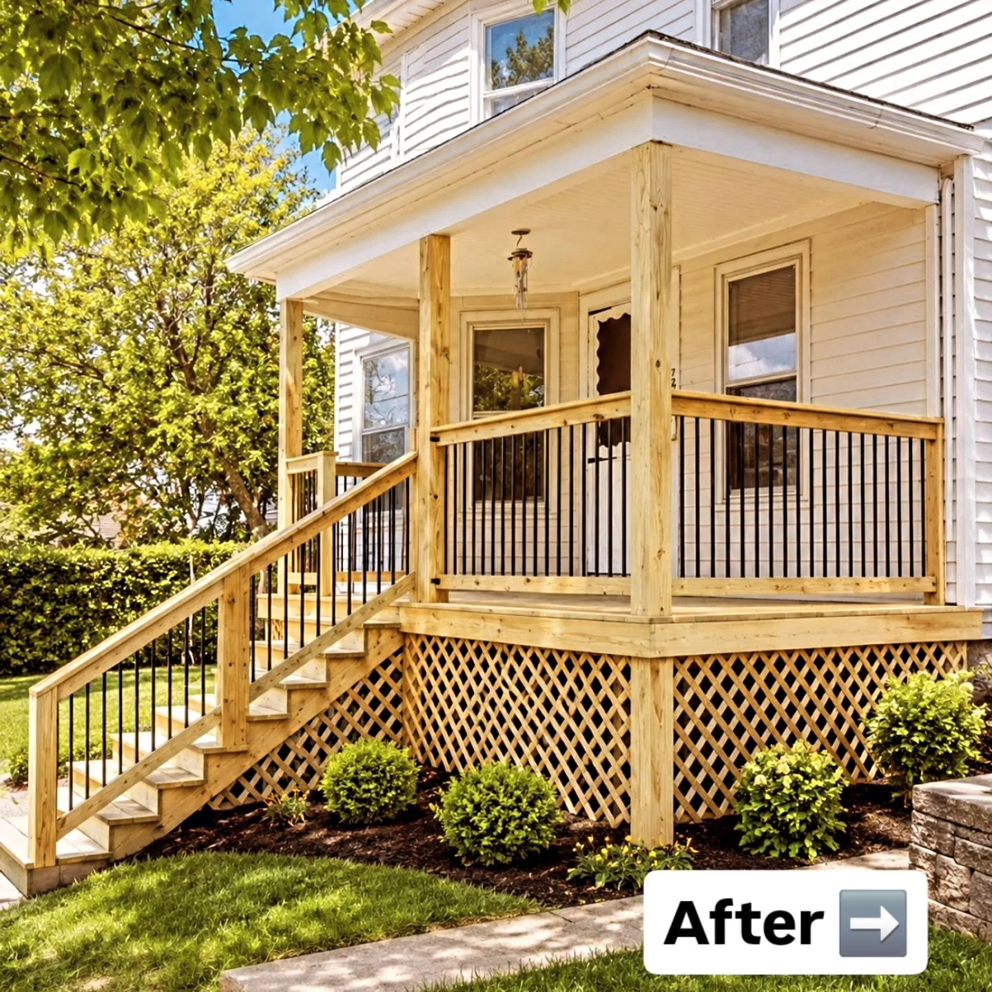 Another front porch rebuild by our team at Regional Remodeling.

This porch went from worn and unsafe-looking to clean, sturdy, and welcoming. New framing, wood railings, black balusters, rebuilt stairs, and a fresh finished look made a huge differen