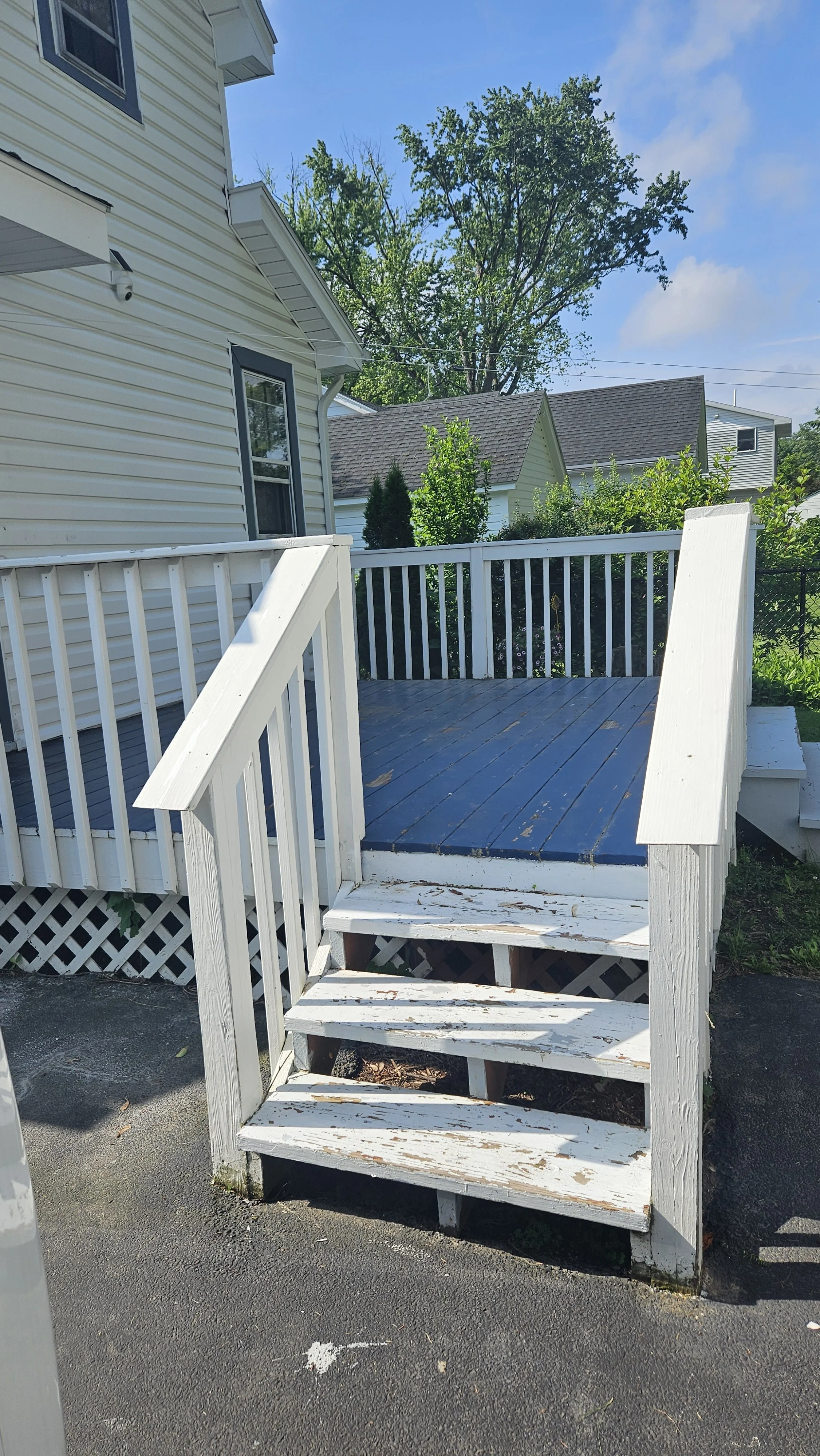 BEFORE: old painted wood deck and steps before remodel in Scotia, NY