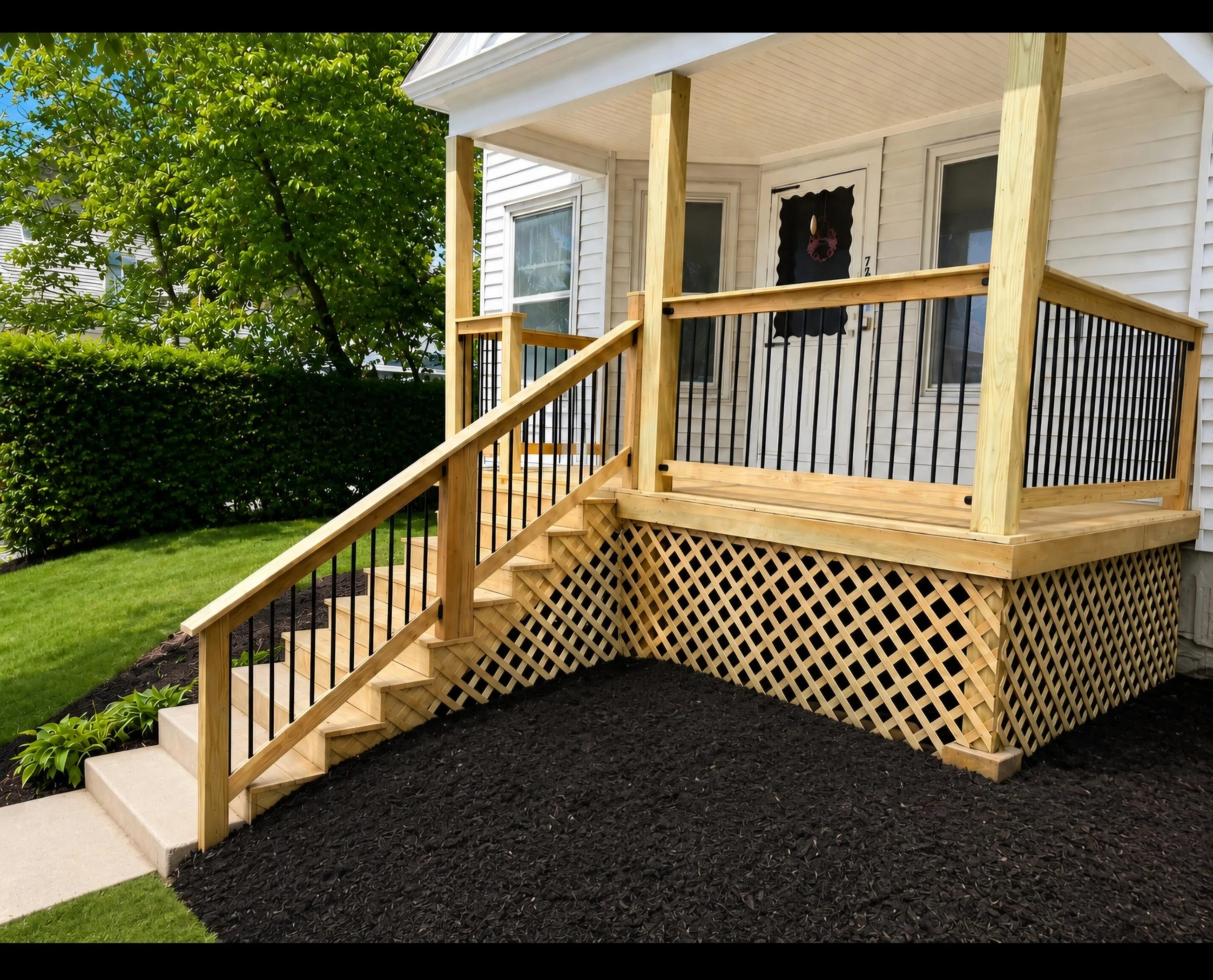 After photo of the completed porch rebuild with new framing, stairs, wood railings, and black metal spindles for a clean, modern exterior update. 