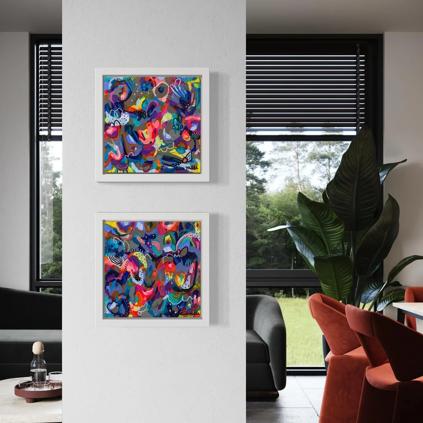 &lsquo;Daydream believer&rsquo; &amp; &lsquo;walk in the woods&rsquo;, 12x12&rdquo; each. Vivid, uplifting and adventurous. A bright palette and juicy detail for this adventurous and dreamy scene. Acrylic and gloss on canvas.&nbsp;$300 each. #Abstrac