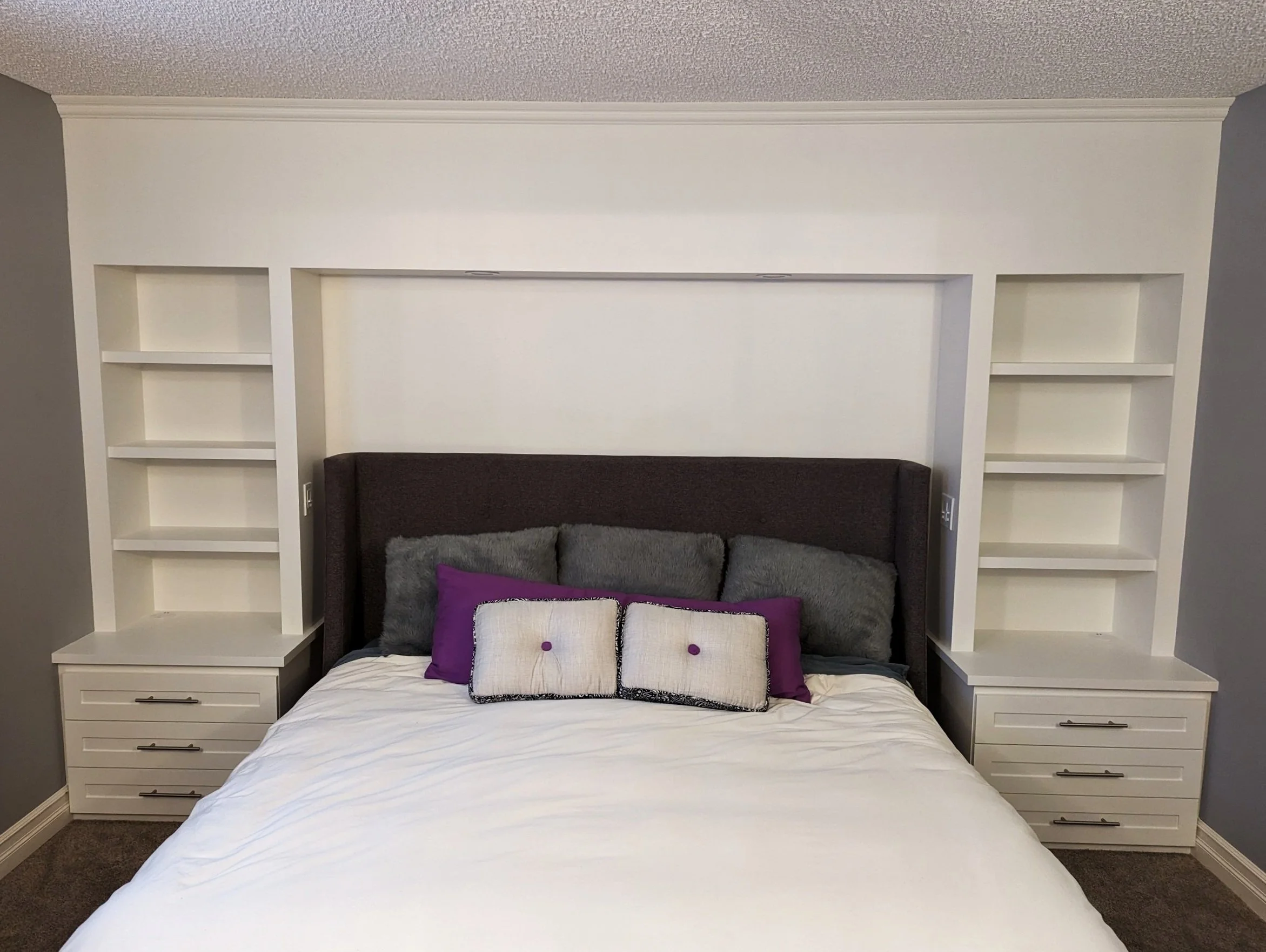 Master bedroom Built-In Cabinet
-Integrated Reading Lights
-Shelf LEDs
-Built-in Plug-ins 
-Quality plywood drawers w/ soft close slides