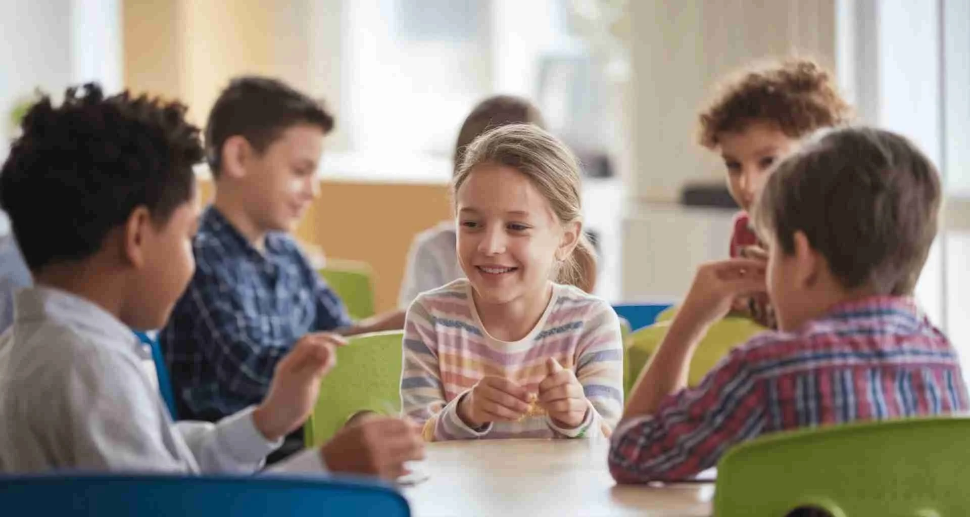 Group of children sitting at a table in a classroom, smiling and talking.