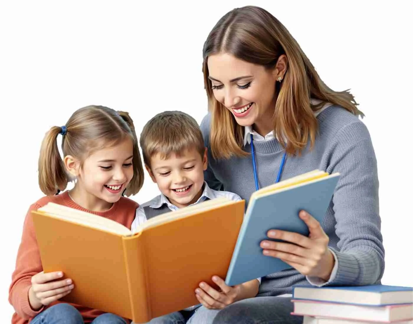 A woman reading books with two children smiling