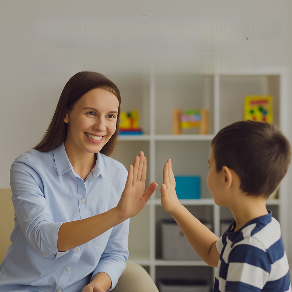 Woman giving high-five to a young boy in a room with shelves and children's books.