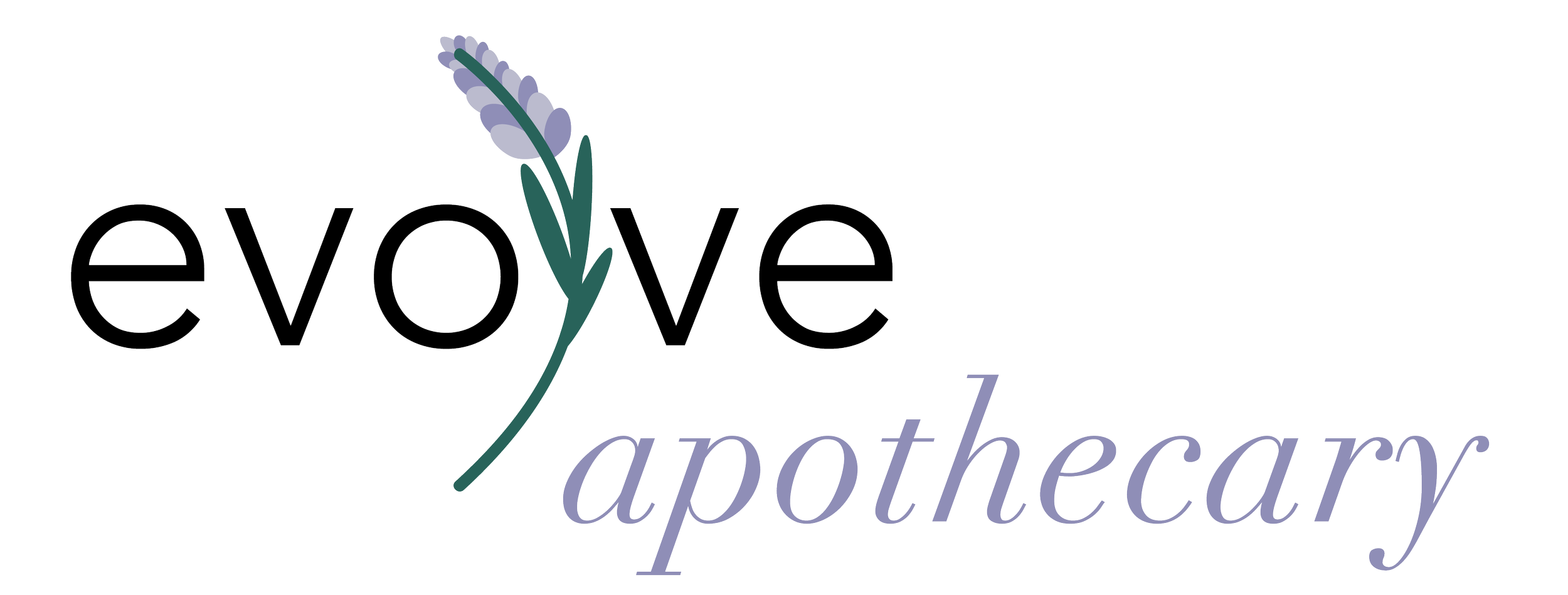 Logo that says "evolve apothecary" in a mixed media font.