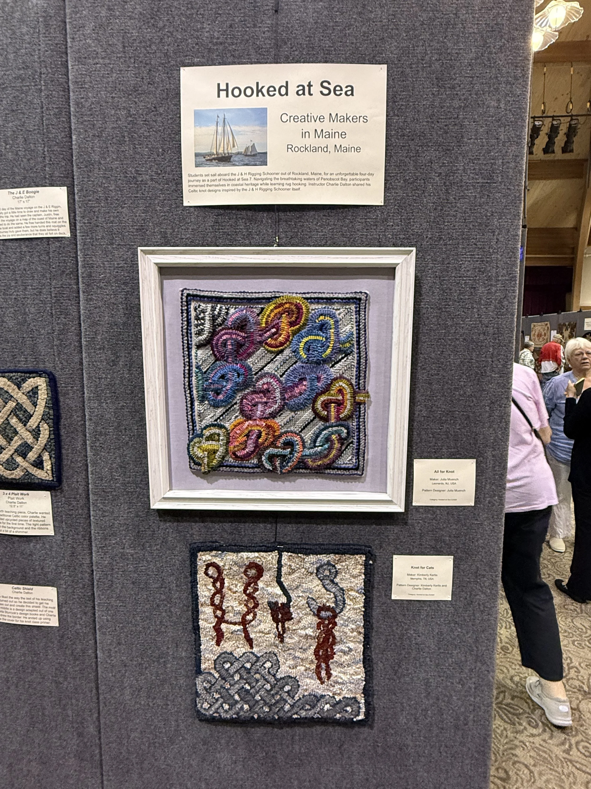 Beautiful works by attendees to Hooked @ Sea 7.  Top: "All for Knot" by Julia Muench / Bottom: "Knot for Cats"  by Kimberly Kertis