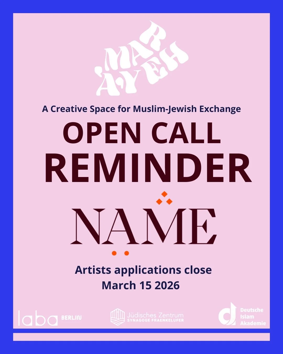 ⏳ Open Call Reminder &ndash; Last Days to Apply

The countdown is on! Only a few days left to apply for the LABA Berlin Fellowship Program.

Are you a Berlin-based Muslim and/or Jewish artist interested in collaboration, dialogue, and creative exchan