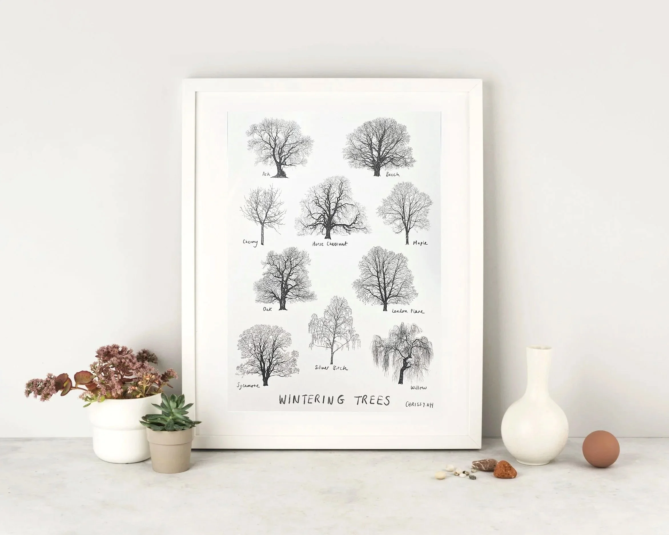 A framed art print titled 'Wintering Trees' features black-and-white illustrations of various tree types, each labeled, on a white wall. On the light-colored surface below the frame, there are two potted plants, a white decorative vase, a small round clay object, and some shells and stones.