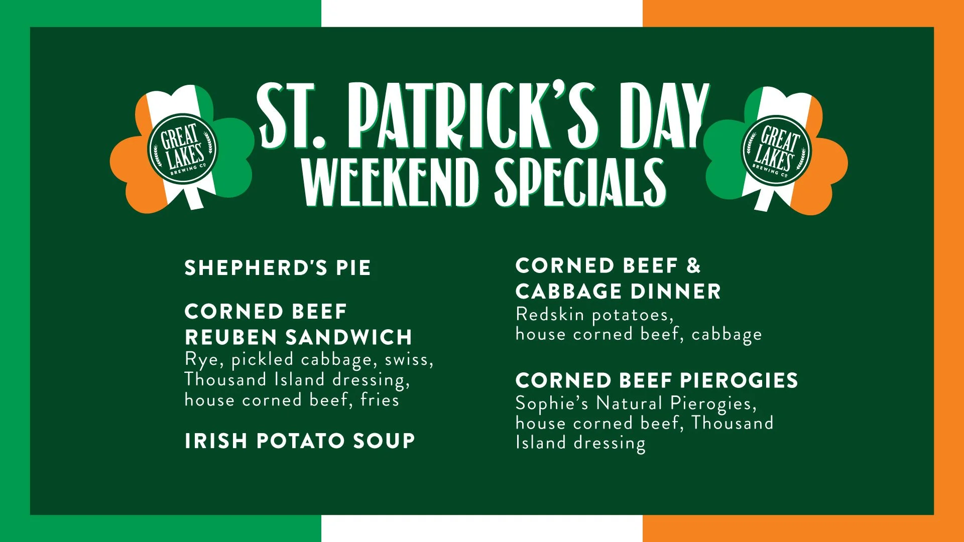 St. Patrick's Day Weekend Special Menu at Great Lakes Brewing Company