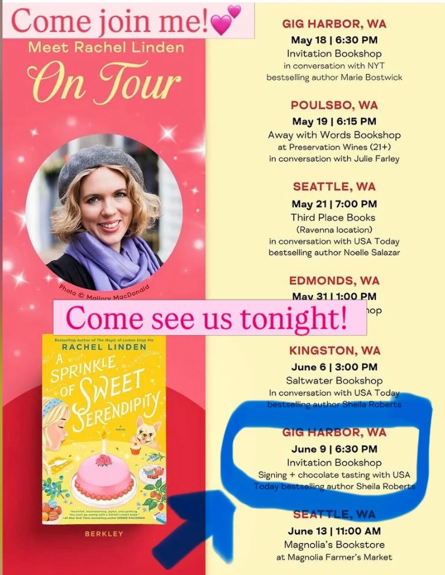 Come join @sheilarobertswriter and me tonight in Gig Harbor at @invitationbookshop at 6:30 for a chocolate tasting, fresh sprinkle cookies and a lovely chat about our new stories! 💕📚💕