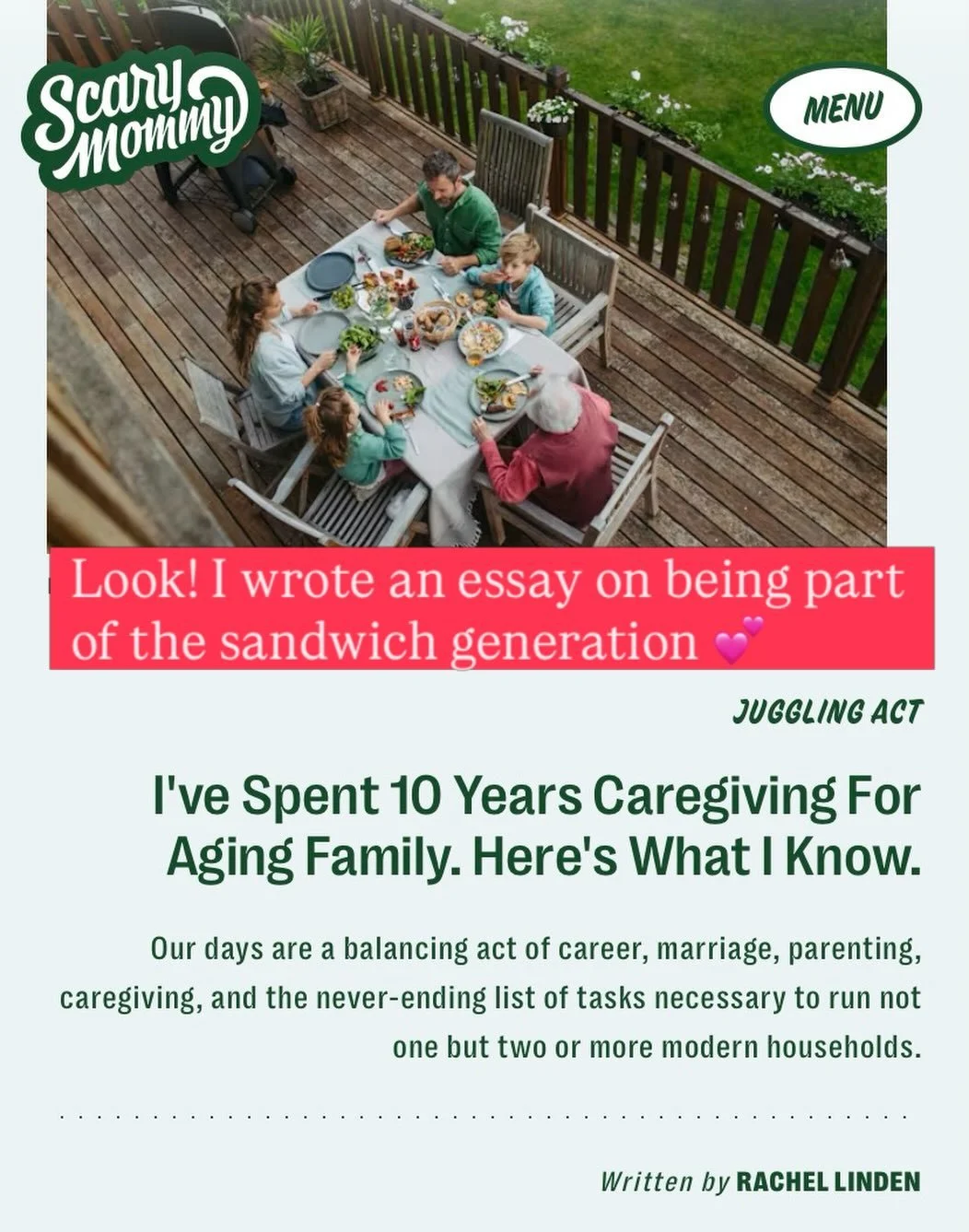 I recently wrote an article for @scarymommy about my decade in the sandwich generation - those of us who are caring for kids, often juggling a career, and helping aging relatives. It&rsquo;s exhausting, bewildering, and sometimes unexpectedly sweet. 