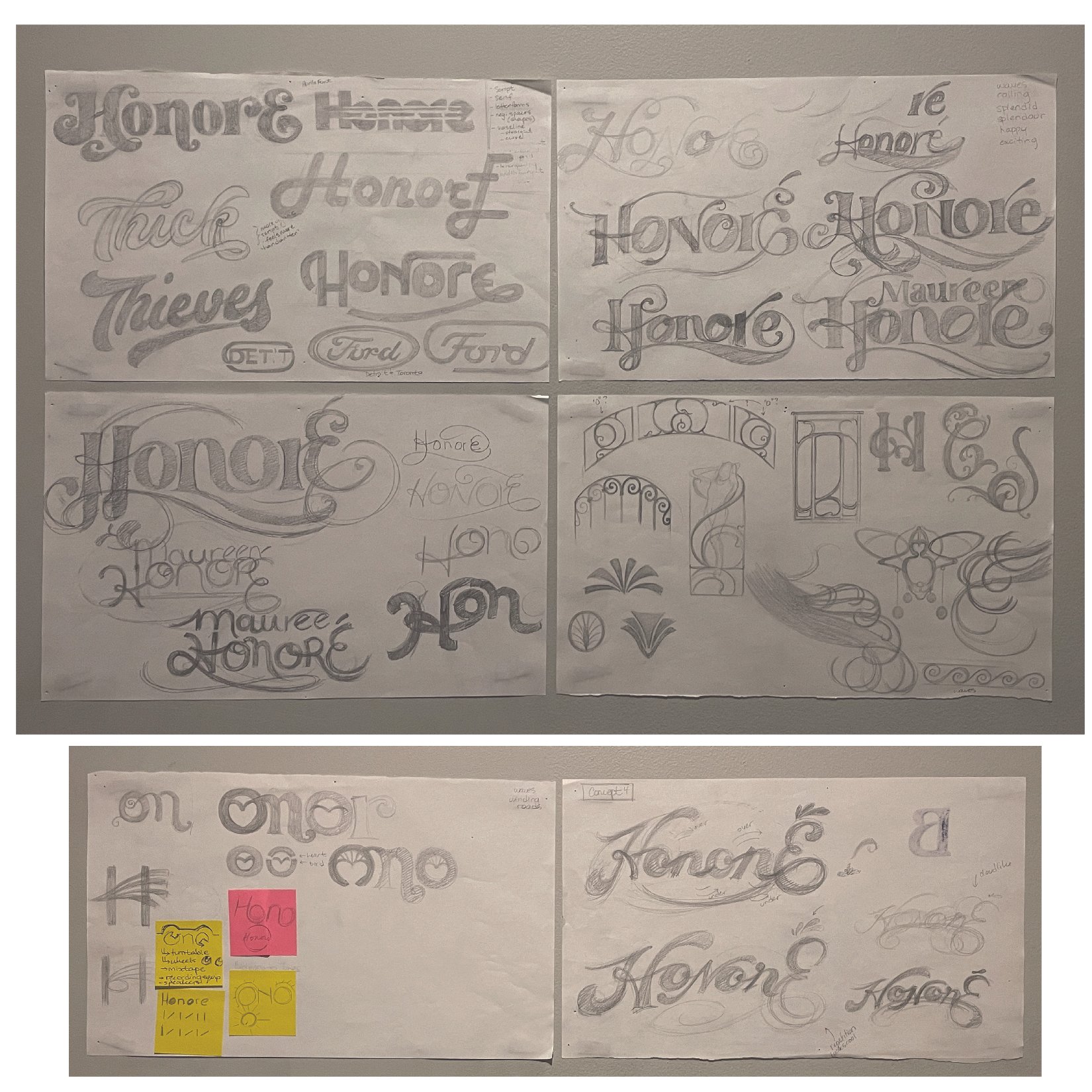 A handful of many loose sheets that accumulated through initial letterform and shape explorations. I was looking for the right "feel". 