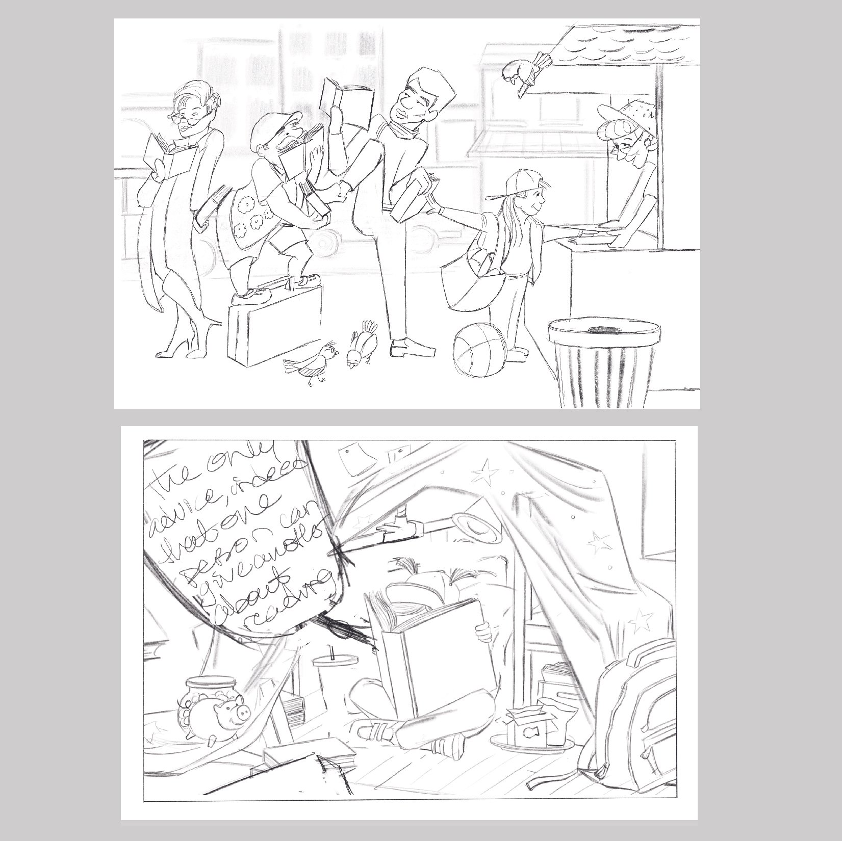 Concept explorations 4 & 1. Lower image is a variation for concept 1; exploring potential text placement for quip.