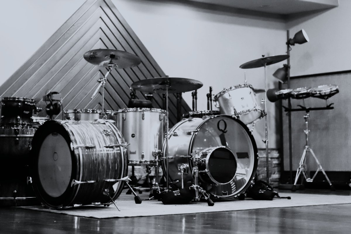  A professional drum kit in the recording studio in Santa Monica, California. 
