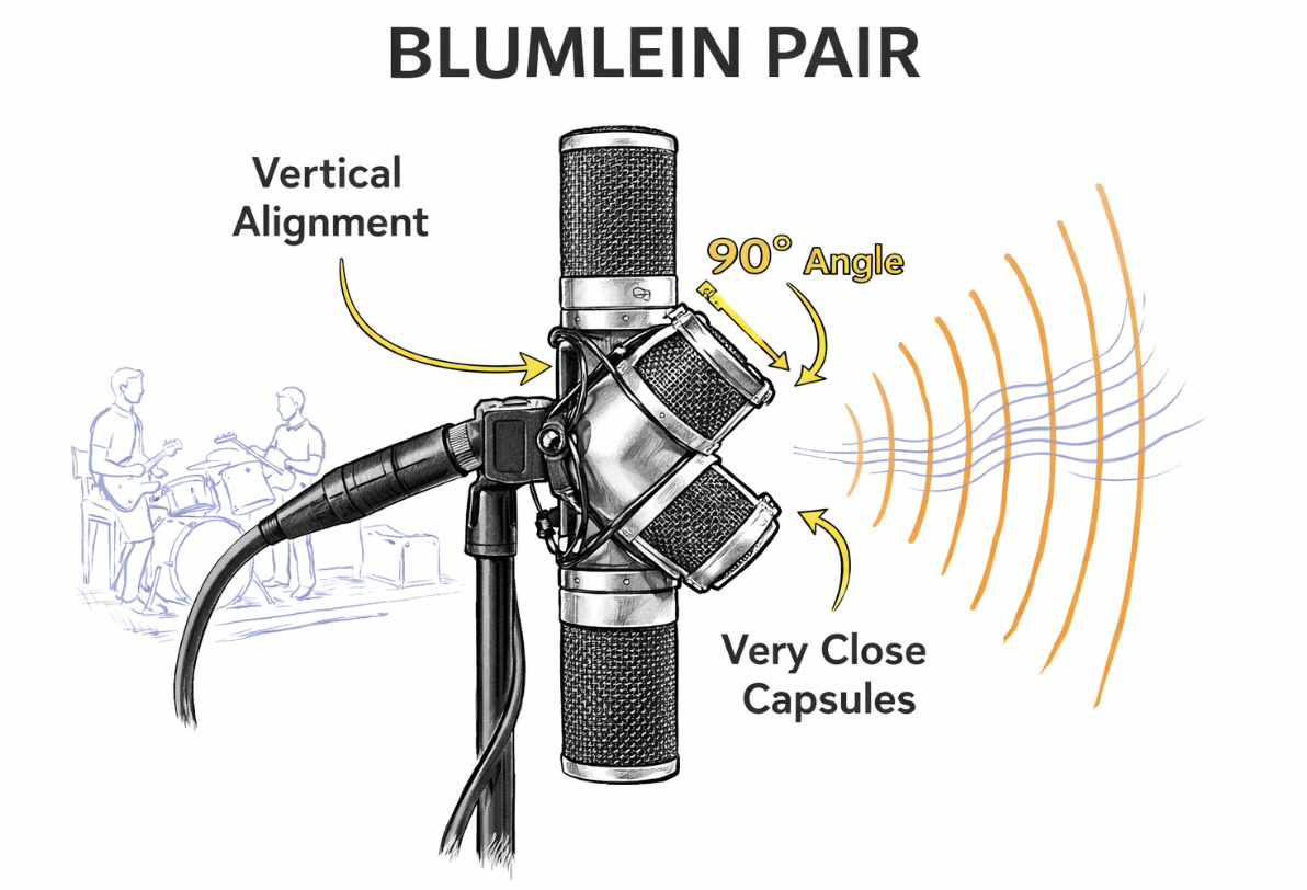 Blumlein pair microphone setup with two closely spaced capsules at a 90-degree angle, vertically aligned, capturing stereo sound from a live band.