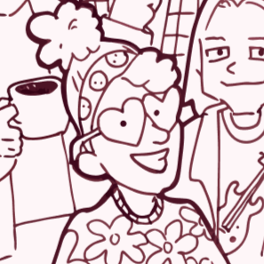 A cartoon illustration of a woman with glasses, flowers on her shirt, and earrings, smiling at a party. She is holding a drink. In the background, there are two other women, one holding a drink and the other standing nearby.