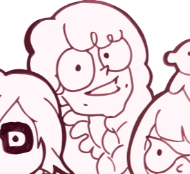 Cartoon illustration of three characters with exaggerated facial features and large eyes, one with curly hair, one with straight hair with glasses, and one with a side ponytail.