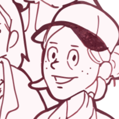 A cartoon girl with large eyes, freckles, wearing a baseball cap, smiling.