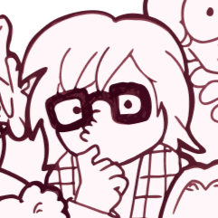 A cartoon character with glasses and short hair, holding a finger to their chin as if thinking.
