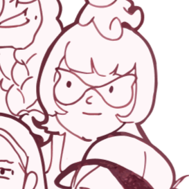 Cartoon illustration of a girl with glasses and shoulder-length hair, smiling, surrounded by other characters.