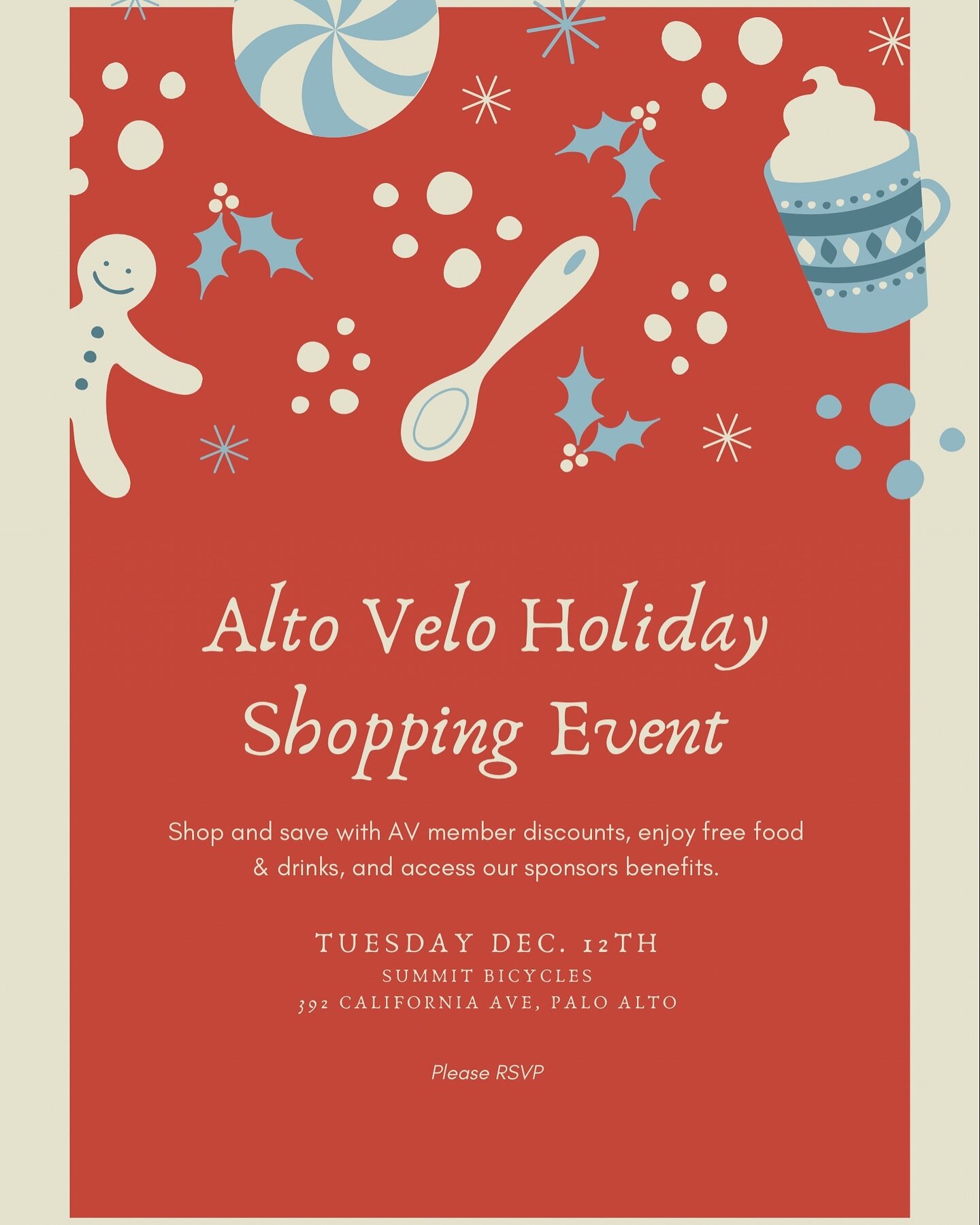 🛍️ Join us for the holiday shopping event. You will access to discounted cycling gears (apply to AV members), enjoy food 🍕&amp; drinks 🍾, and chat with our sponsors about the AV members&rsquo; benefits.

🎁 For each purchase, you will get a raffle