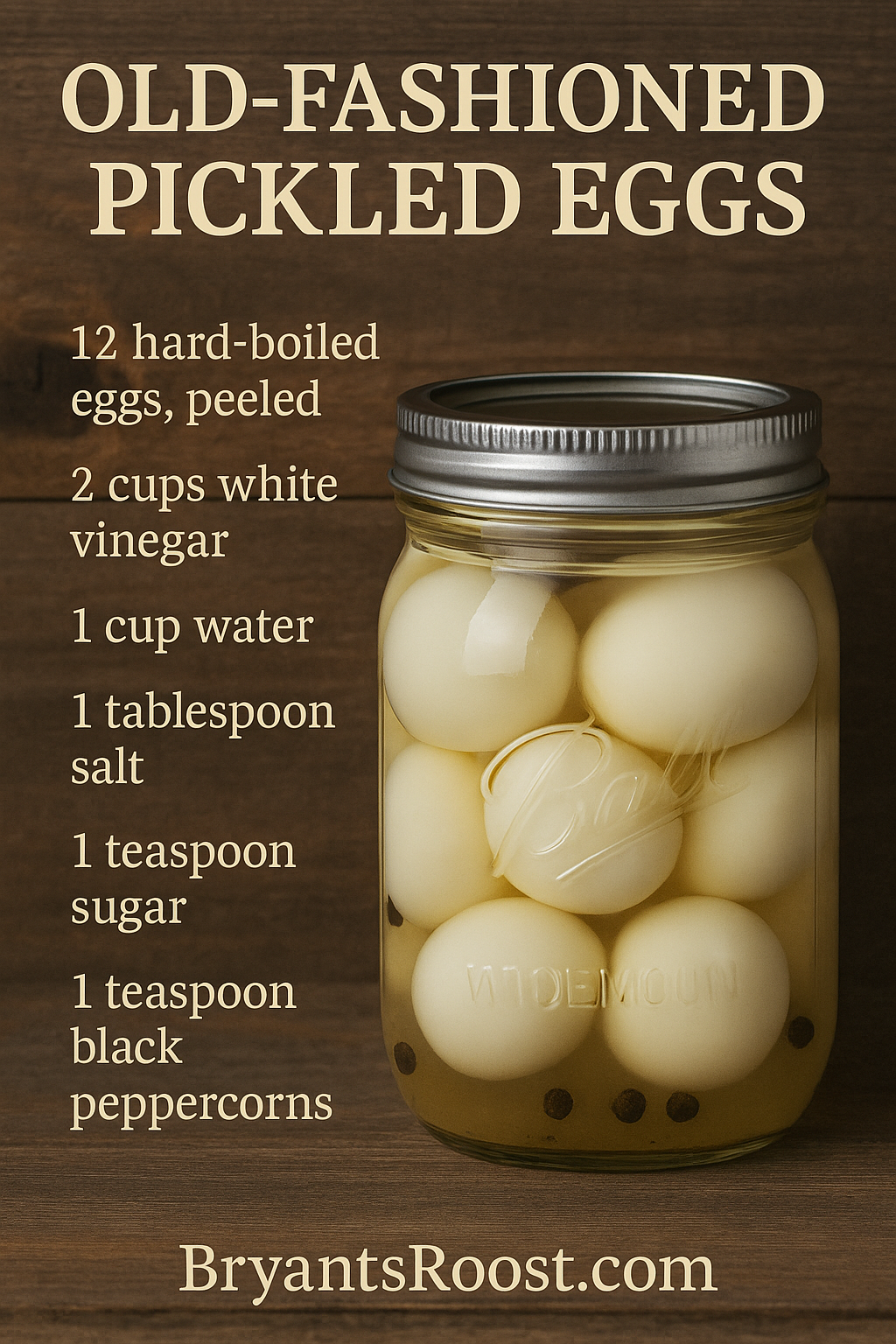 A jar filled with peeled, hard-boiled eggs floating in vinegar solution, with a lid on top, surrounded by text describing the recipe for old-fashioned pickled eggs. The background is a wooden surface.