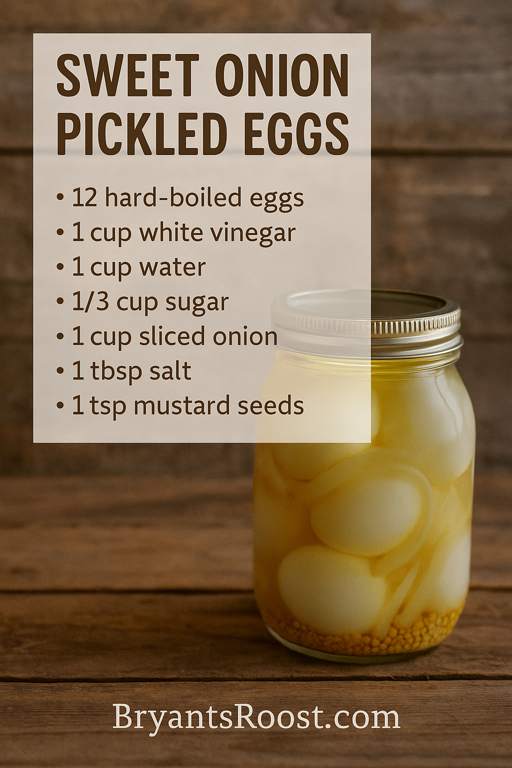 A recipe sign for sweet onion pickled eggs, with ingredients listed including 12 hard-boiled eggs, white vinegar, water, sugar, sliced onion, salt, and mustard seeds, in front of a jar of pickled eggs on a wooden surface.