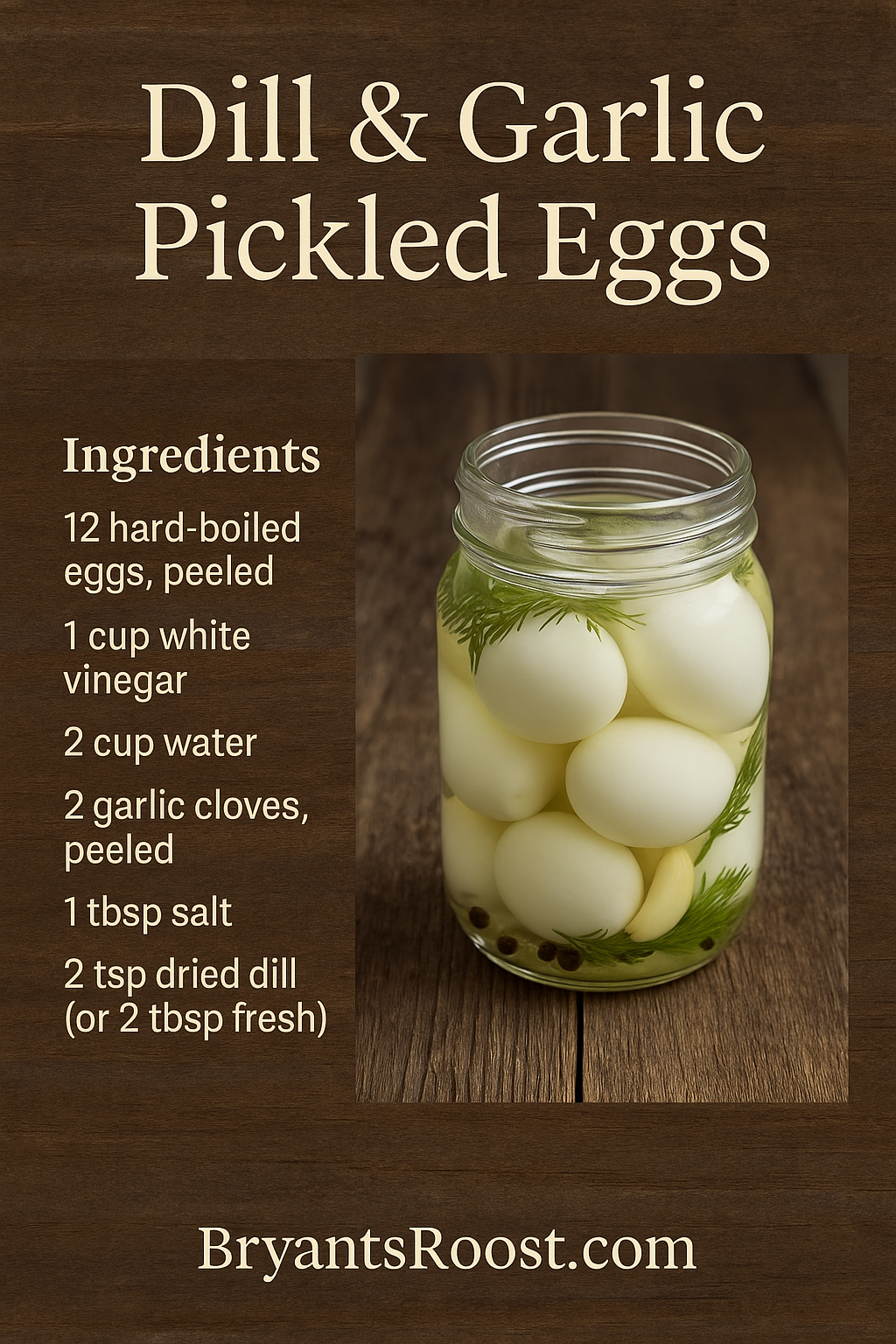 A jar of pickled eggs submerged in a clear liquid with dill, garlic, and black peppercorns, with a wooden surface background.