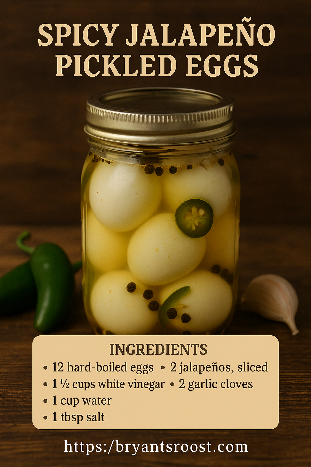 A jar of spicy jalapeño pickled eggs surrounded by fresh jalapeño peppers and a garlic clove on a wooden surface, with a a label listing ingredients for pickled eggs.