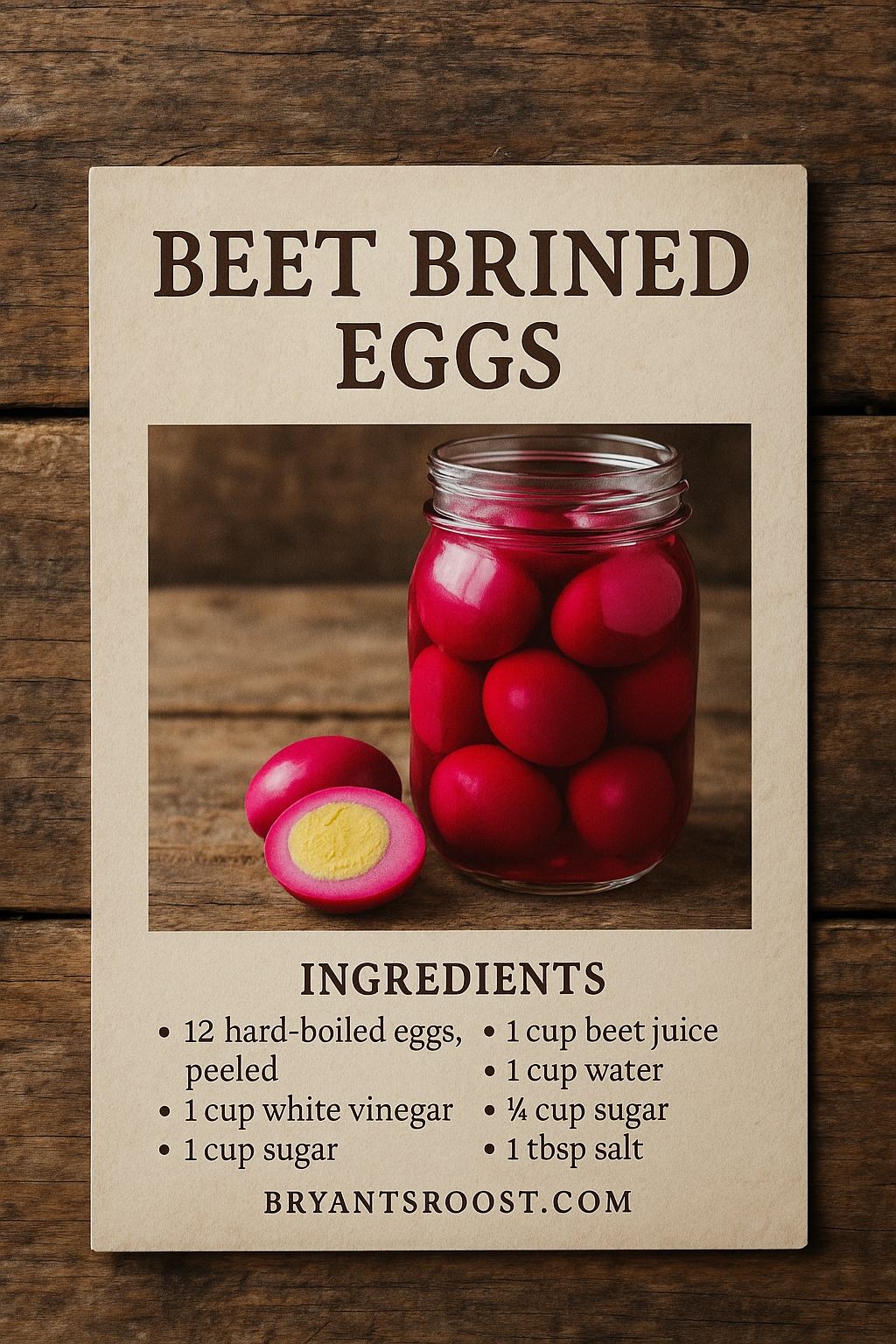 Recipe card titled 'Beet Brined Eggs' with a photo of a jar filled with red eggs and a sliced beet, listing ingredients including hard-boiled eggs, beet juice, white vinegar, water, sugar, and salt, with a website URL at the bottom.