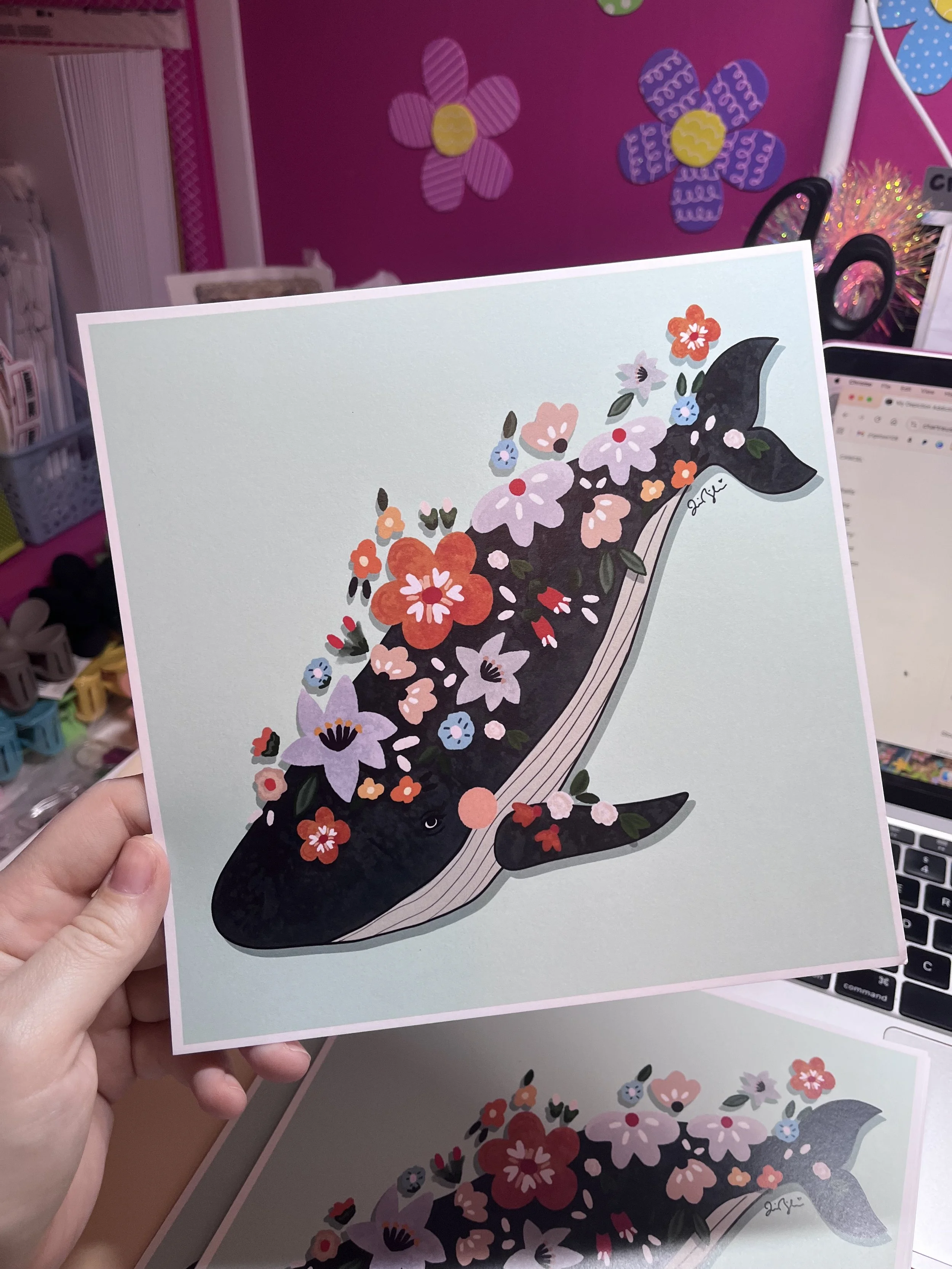 Floral Whale 8x8 Print