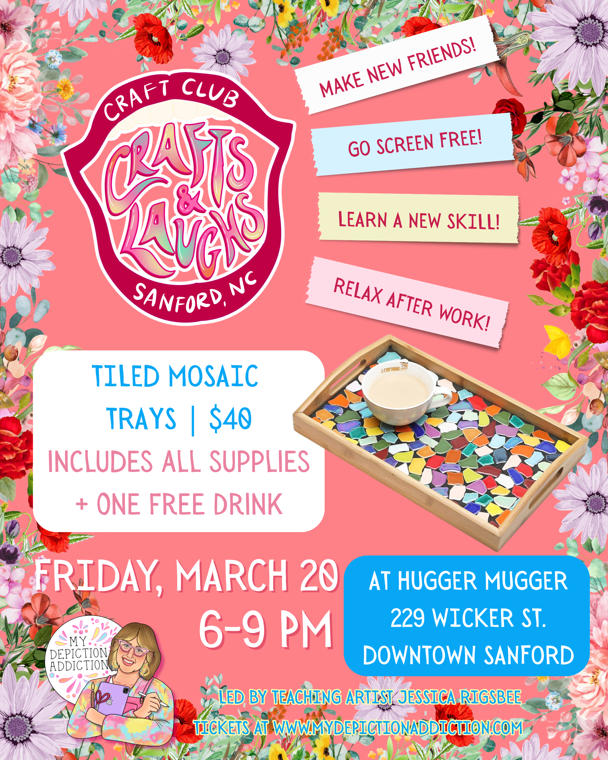 MARCH 20 Crafts & Laughs Craft Club Event: Tiled Mosaic Trays @ Hugger Mugger
