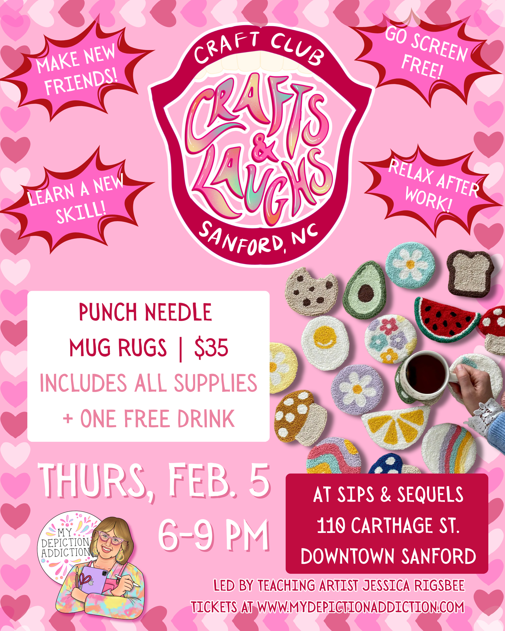 FEB. 5 Crafts & Laughs Craft Club Event: Punch Needle Mug Rugs @ Sips & Sequels