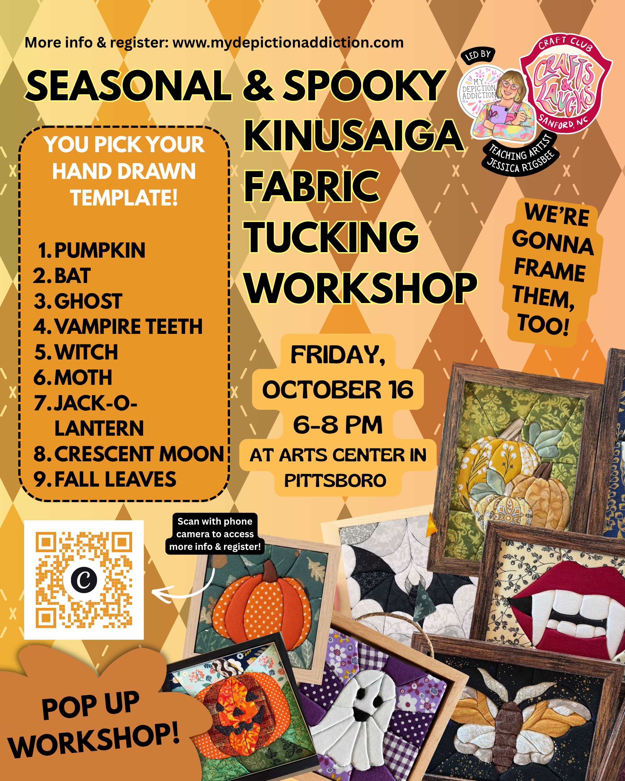 Oct 16 Seasonal & Spooky Kinusaiga Fabric Tucking Workshop: Crafts & Laughs Pop Up @ Arts Center in Pittsboro