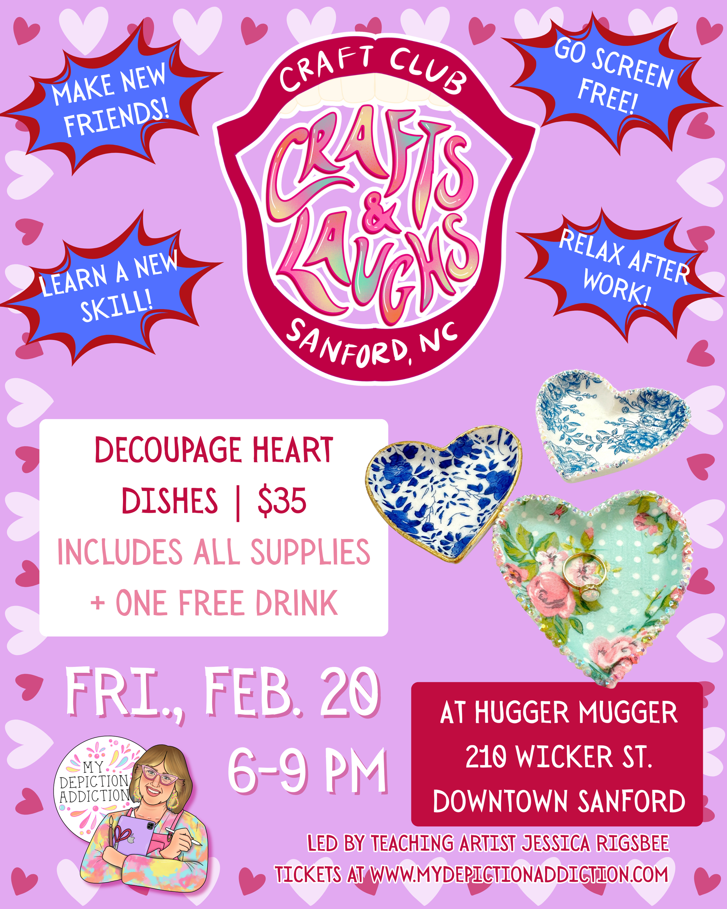 FEB. 20 Crafts & Laughs Craft Club Event: Decoupage Heart Dishes @ Hugger Mugger